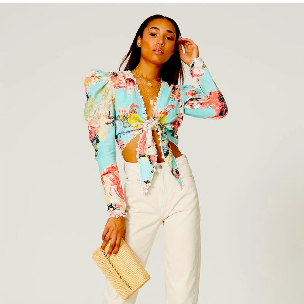 Hemant & Nandita Turquoise floral puffy sleeved crop tie top